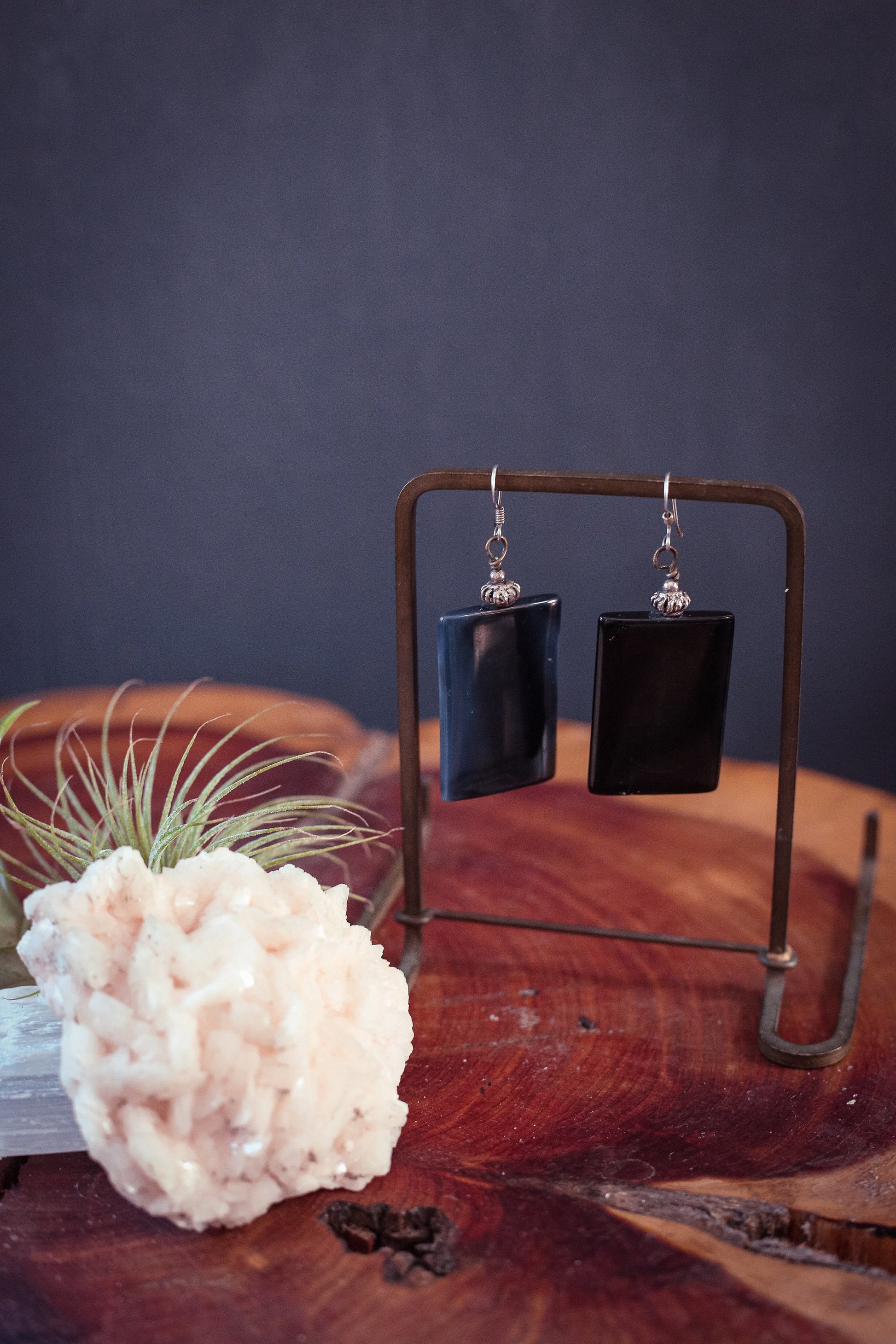 Silver & Black Psilomelane Earrings - Vintage Black Stone Earrings
