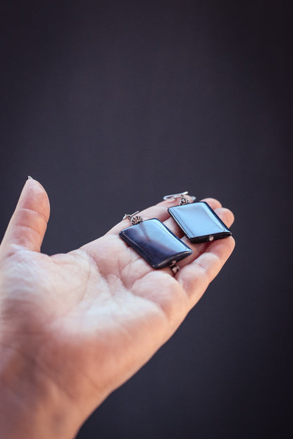 Silver & Black Psilomelane Earrings - Vintage Black Stone Earrings