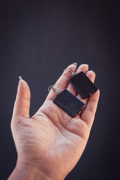 Silver & Black Psilomelane Earrings - Vintage Black Stone Earrings