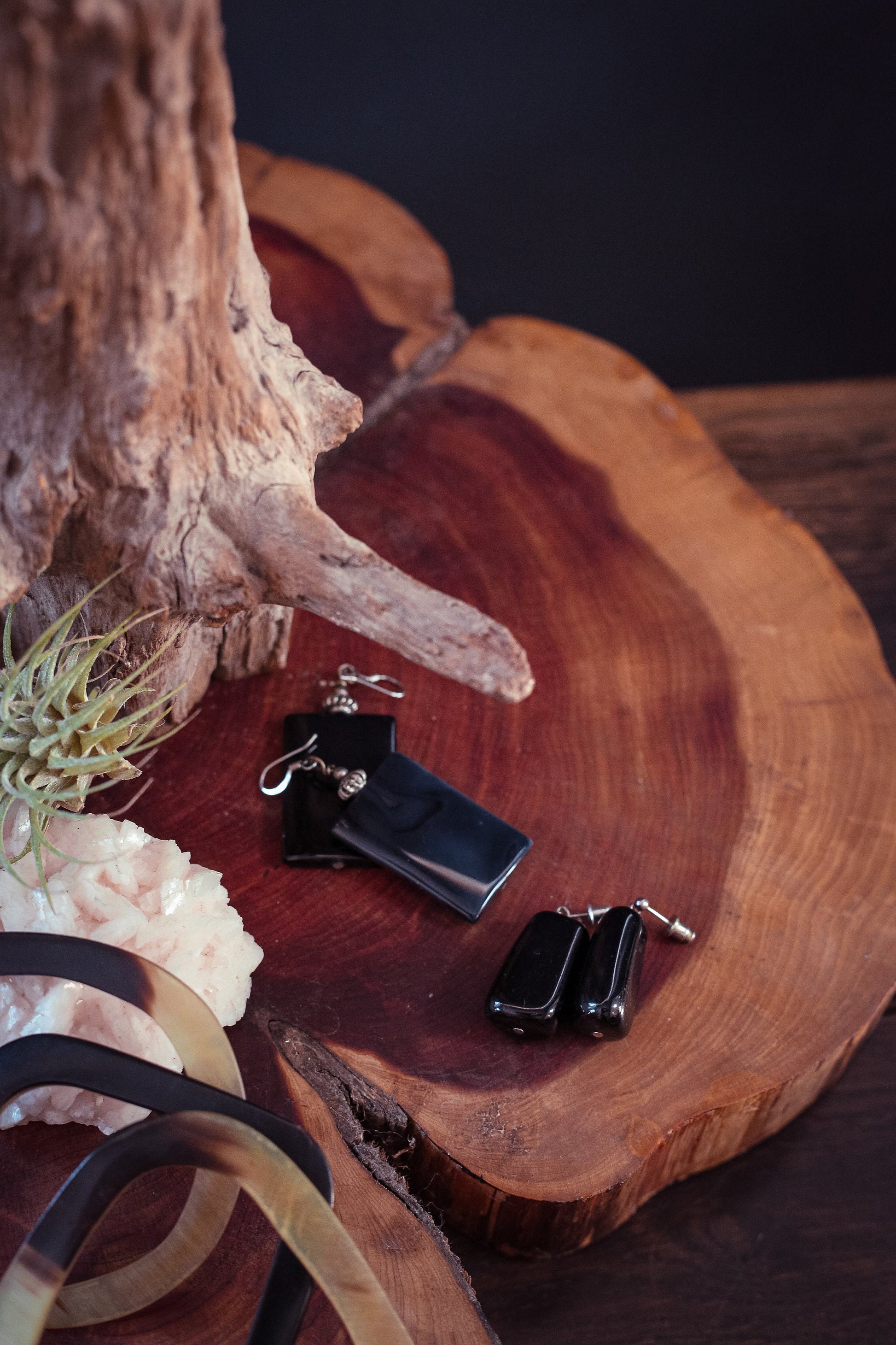 Silver & Black Psilomelane Earrings - Vintage Black Stone Earrings