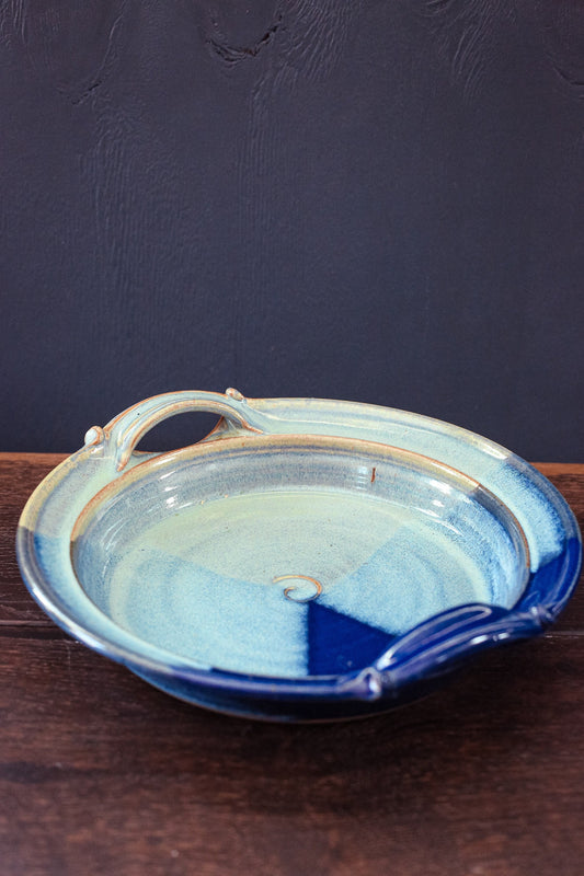 Studio Ceramic Serving Dish with Handles in Tri-Color Blue Glaze - Vintage Signed Studio Pottery Round Blue Tray