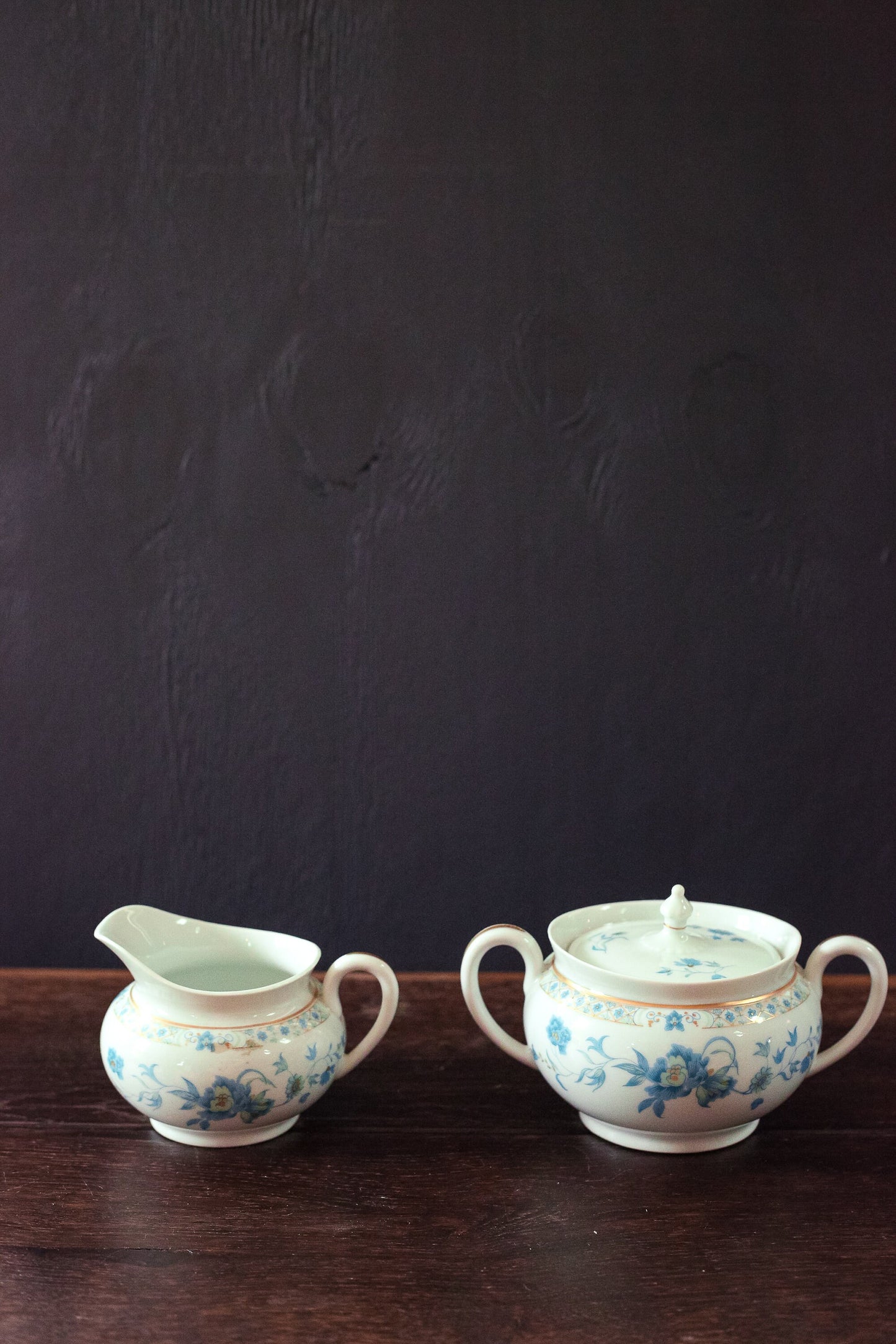 Nankin Cream & Sugar Set with Blue White Gold Floral Design - Antique Haviland Limoges Porcelain Cream and Sugar