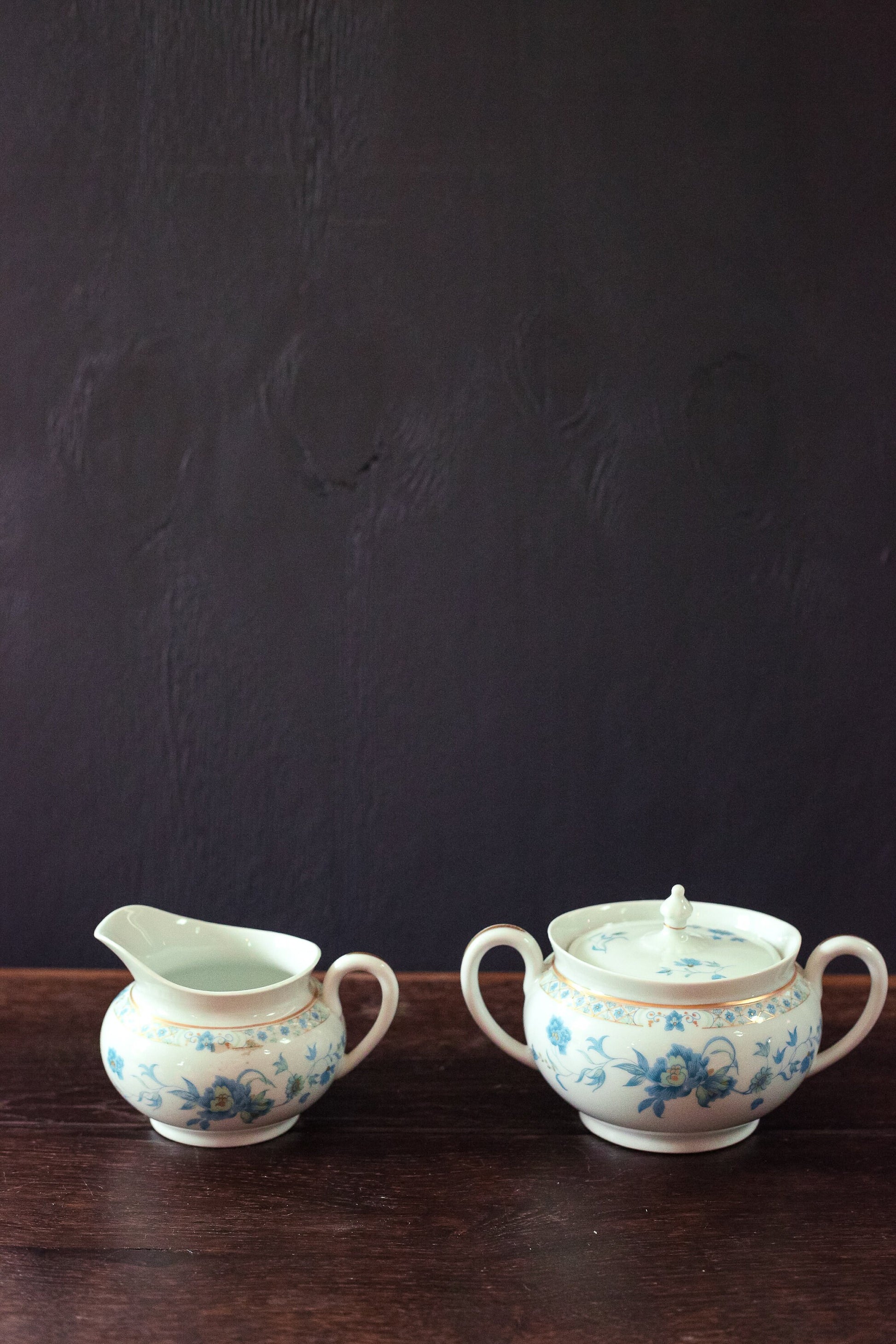 Nankin Cream & Sugar Set with Blue White Gold Floral Design - Antique Haviland Limoges Porcelain Cream and Sugar