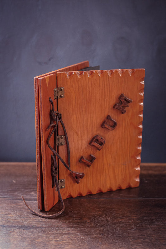 Wood Photo Album with Leather Binding - Vintage Wooden Album Cover