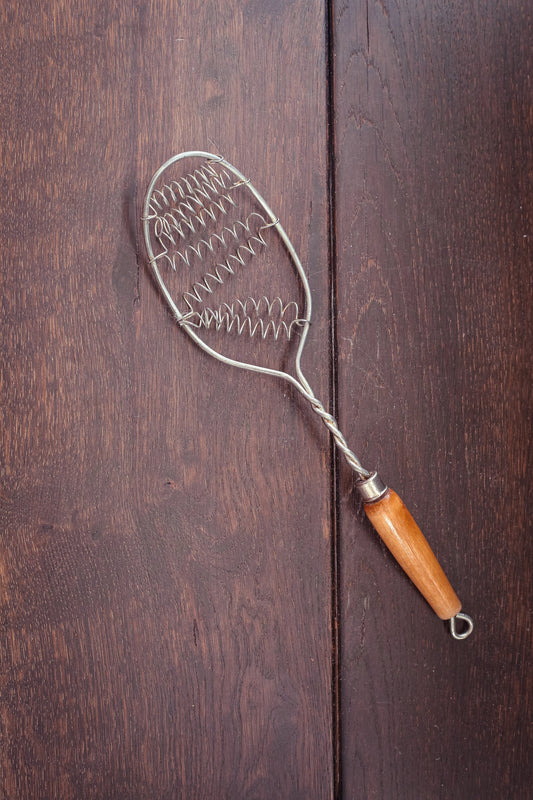 Coil Wire Whisk with Wood Handle Baking Utensil - Vintage Metal Spring Wooden Whisk Farmhouse Kitchen