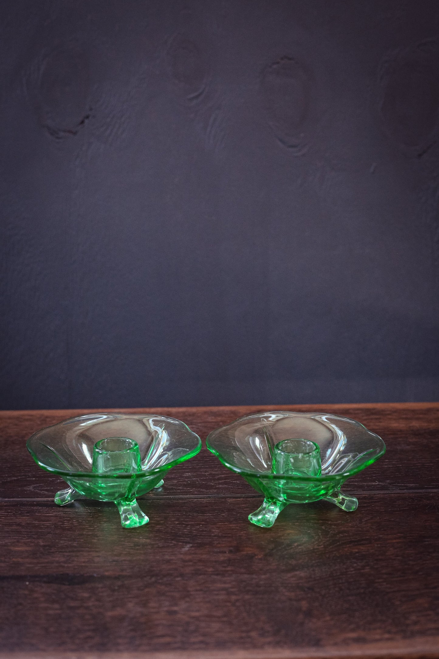 Green Lotus Uranium Glass Candle Holders by Fenton - Vintage Vaseline Depression Glass