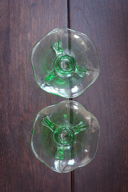 Green Lotus Uranium Glass Candle Holders by Fenton - Vintage Vaseline Depression Glass