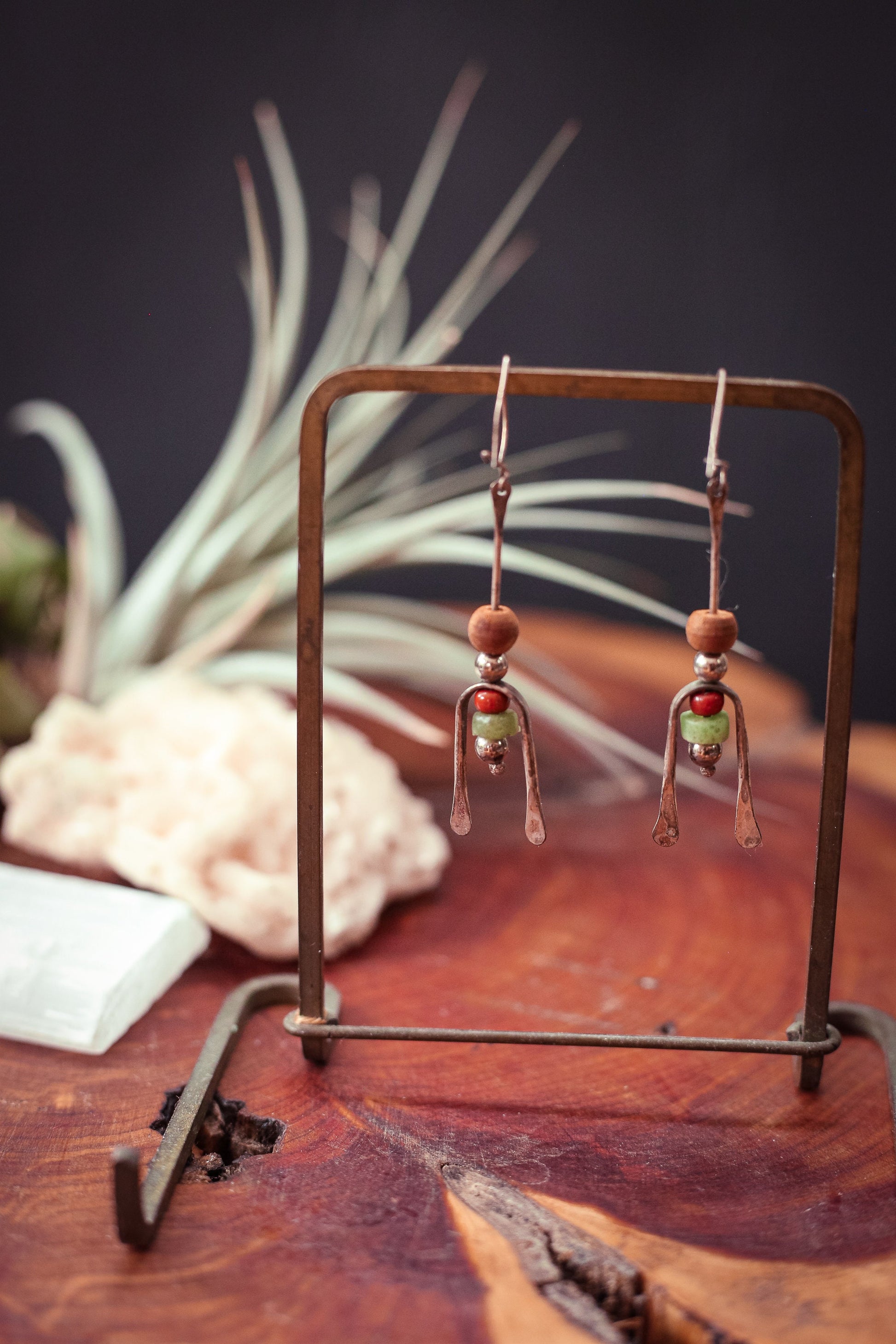 Silver Beaded Earring with Wood Carnelian Aventurine Beads- Vintage Estate Jewelry