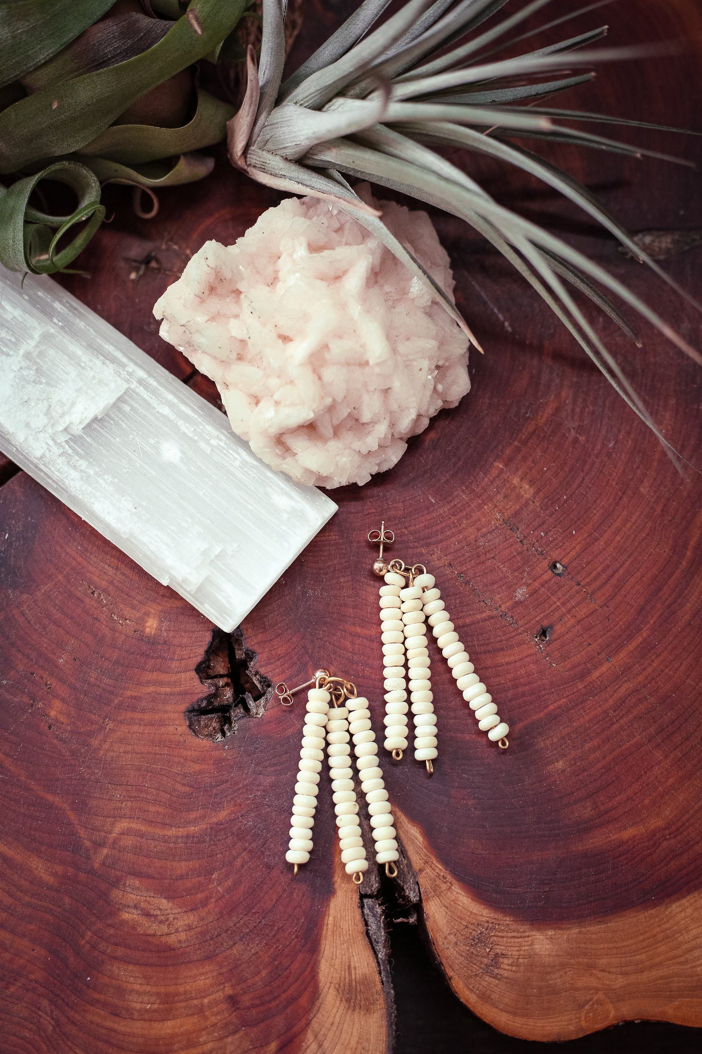 Creamy White Stone Bead Earrings on 14K GF Ball Post - Vintage Estate Jewelry