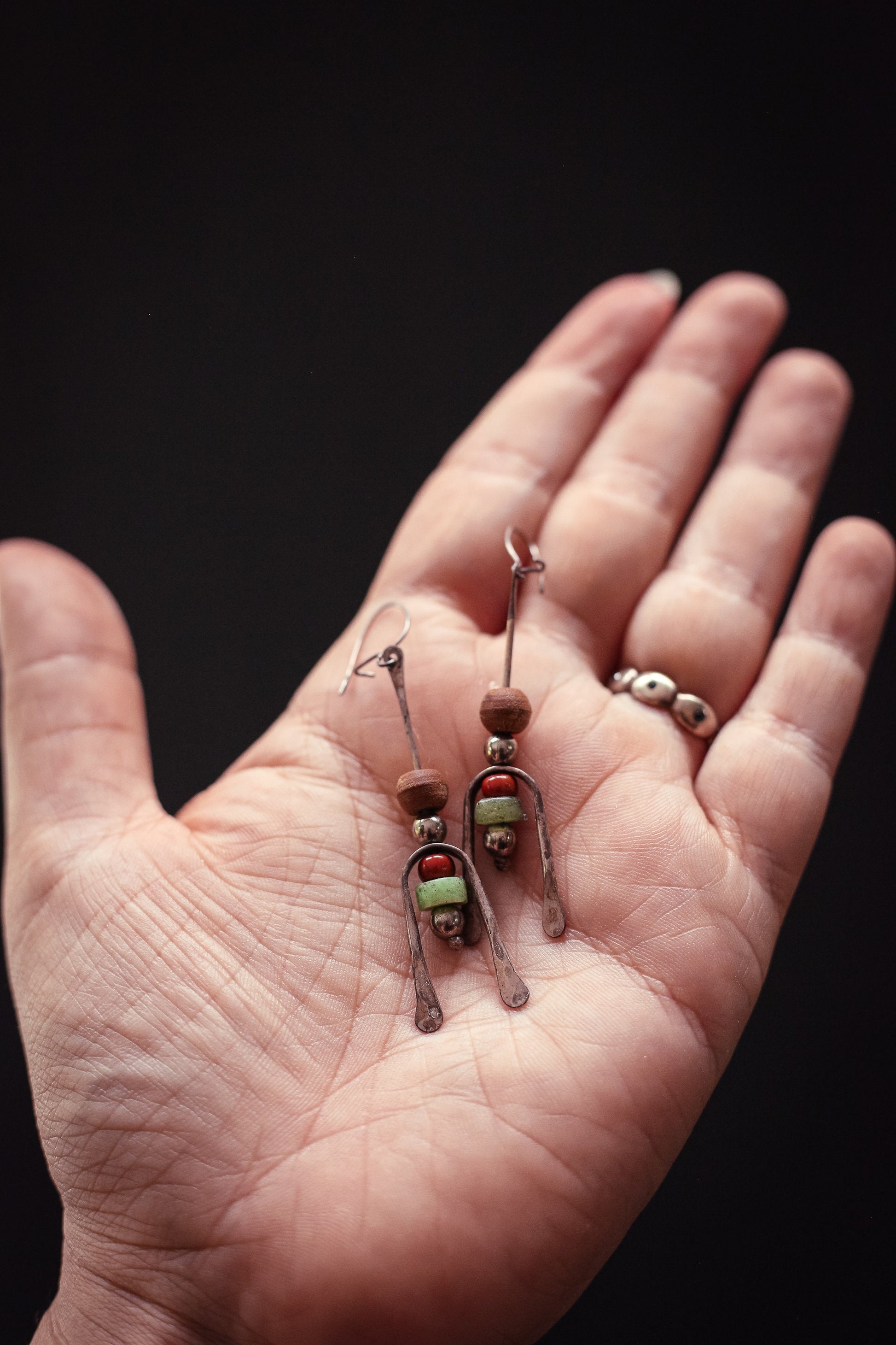 Silver Beaded Earring with Wood Carnelian Aventurine Beads- Vintage Estate Jewelry