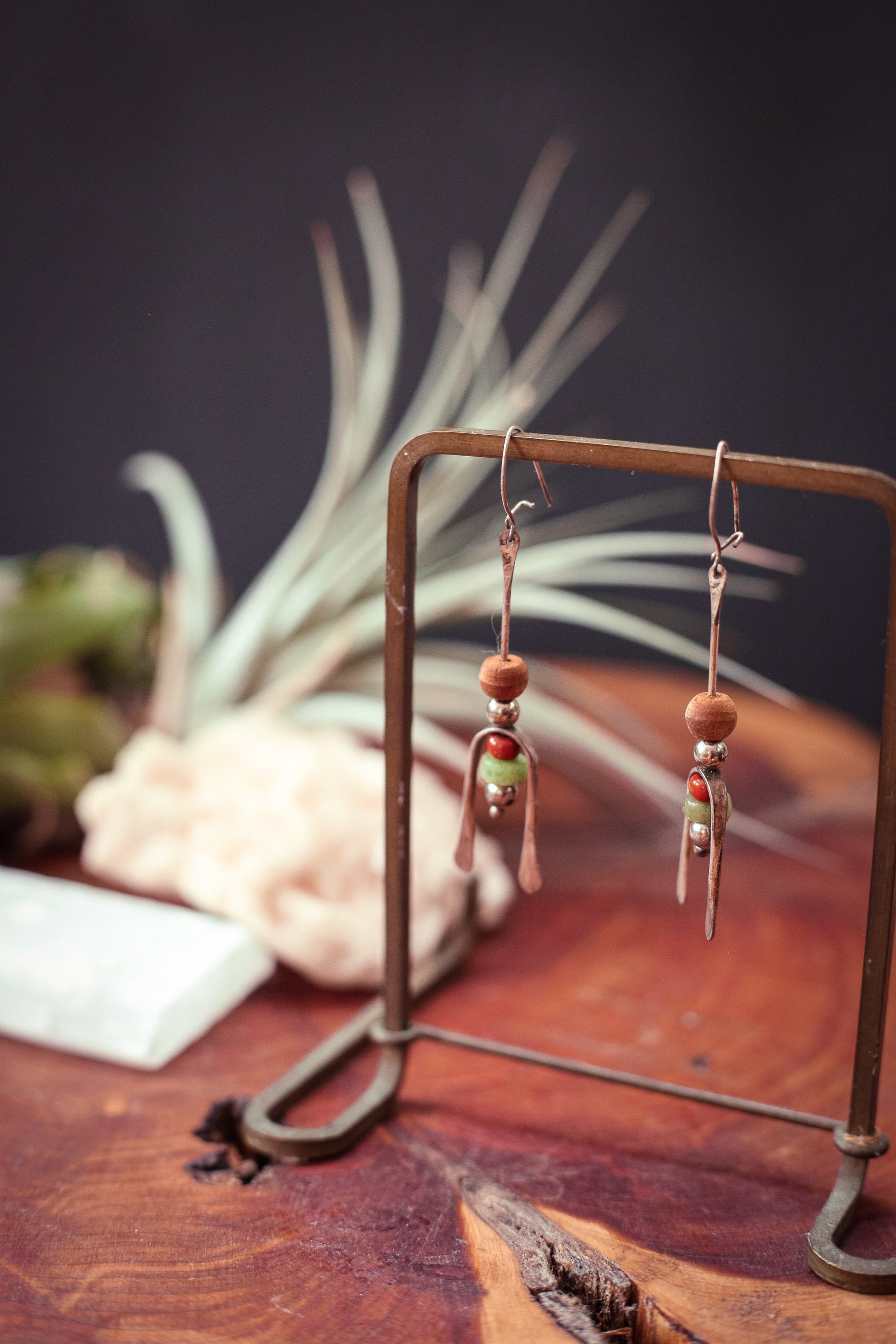 Silver Beaded Earring with Wood Carnelian Aventurine Beads- Vintage Estate Jewelry