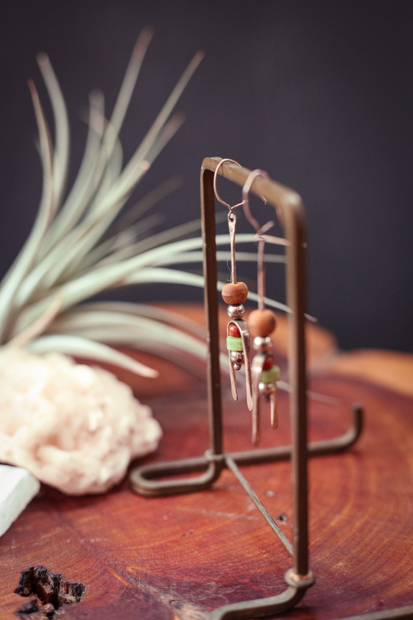 Silver Beaded Earring with Wood Carnelian Aventurine Beads- Vintage Estate Jewelry