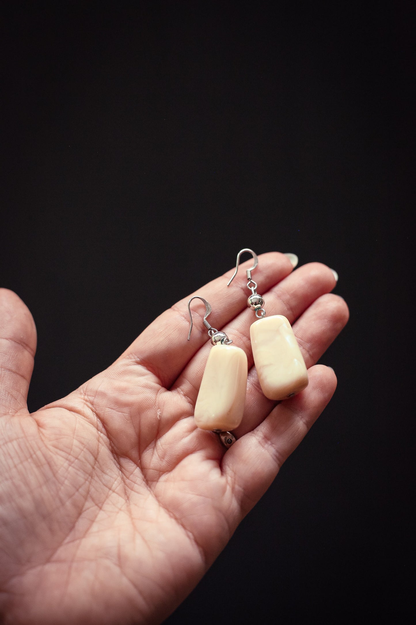 Chunky Polished Agate Earring Silver French Hook - Vintage Estate Jewelry