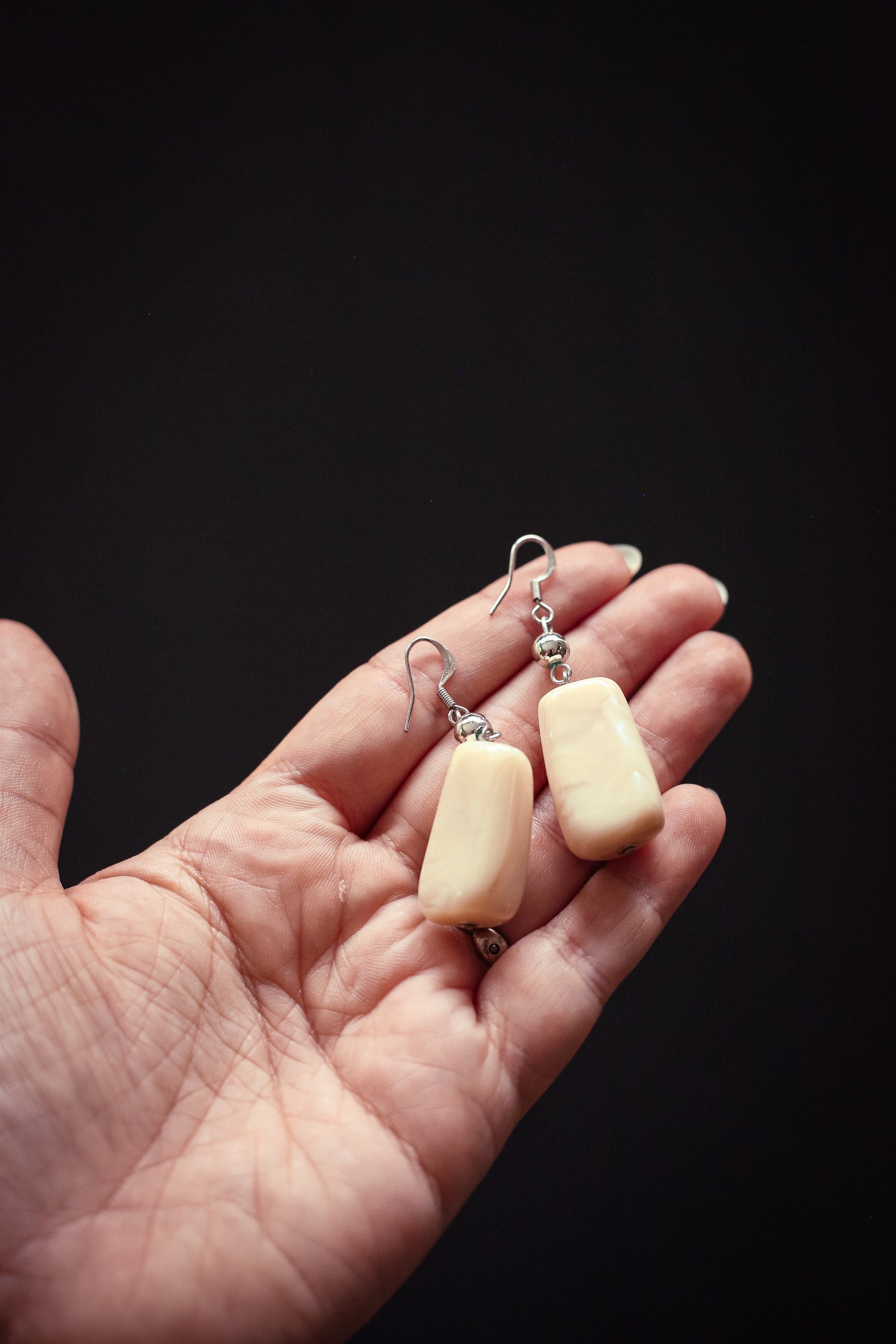 Chunky Polished Agate Earring Silver French Hook - Vintage Estate Jewelry