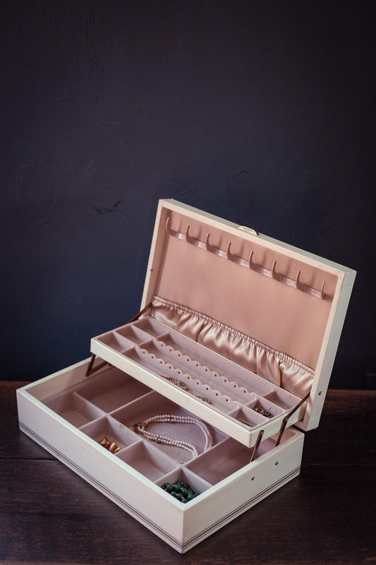 Mele Two Tier Leatherette Jewelry Case - Vintage Made in USA Satin and Velvet Lined Jewelry Box