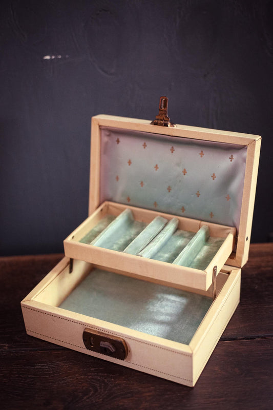 Vintage Fleur De Lis Jewelry Box - Vintage Hinged Lid Jewelry Box with Light Blue Lining *See Description for Condition