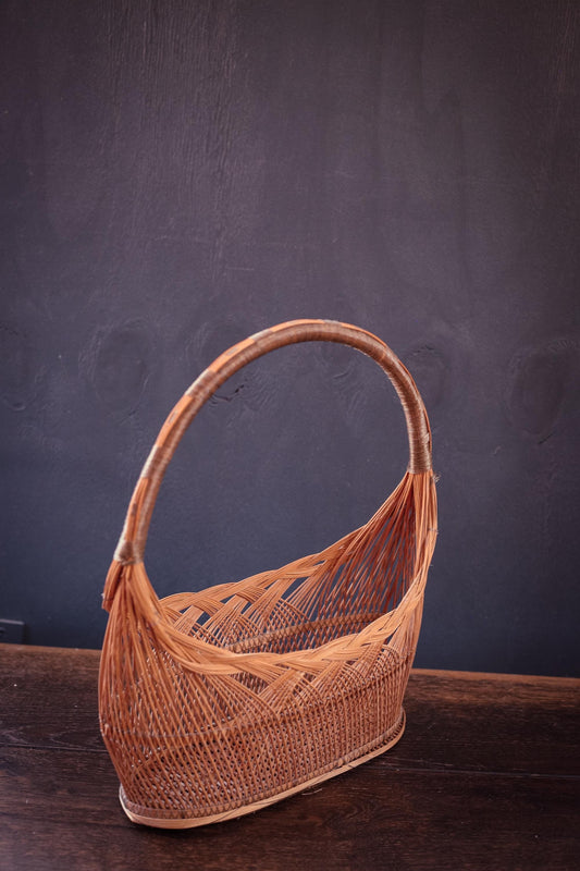 Narrow Oval Woven Reed Basket with Handle - Vintage Reed Basket