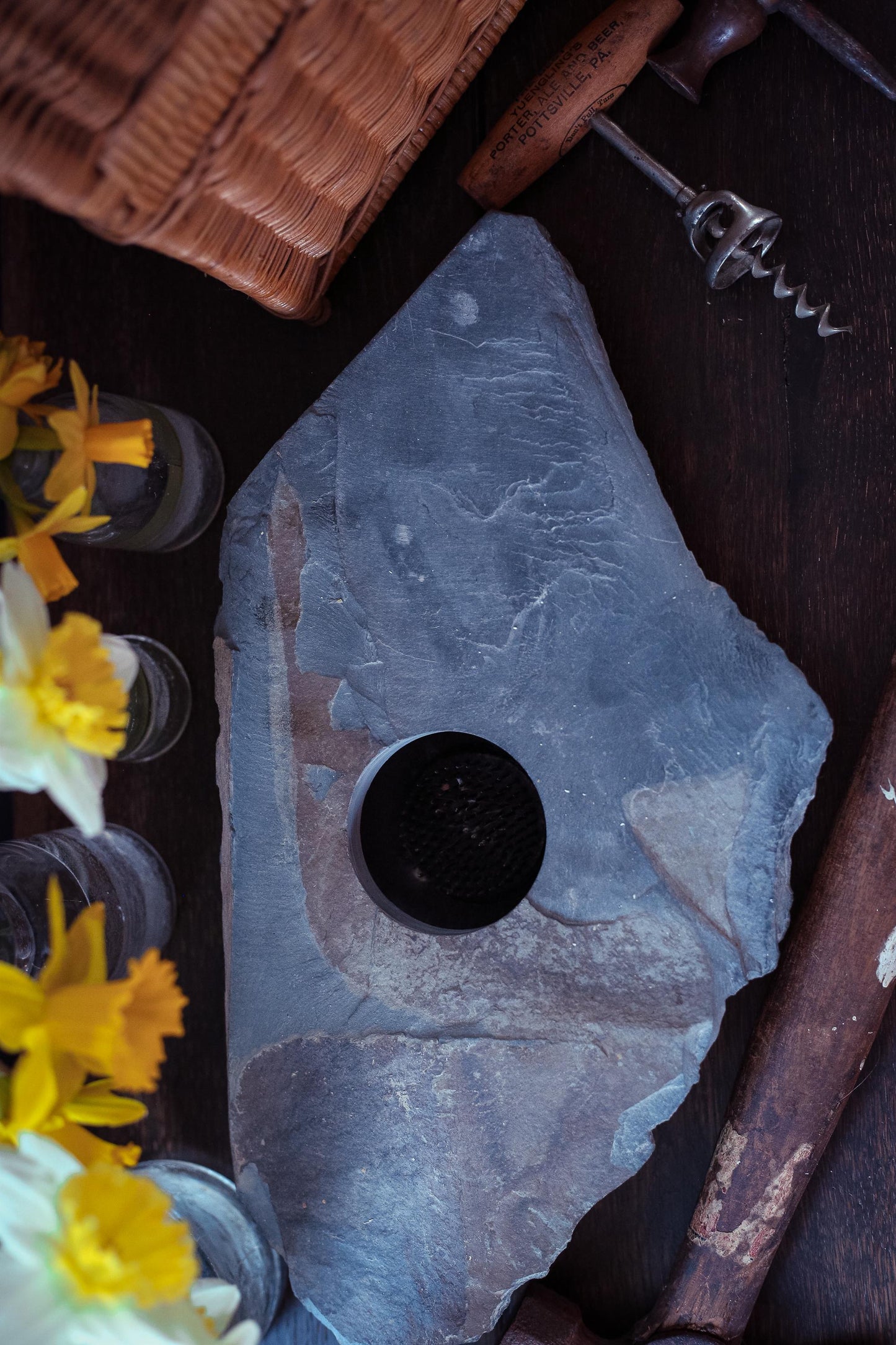 Slate Ikebana Flower Frog - Vintage Grey Stone Flower Frog Vase