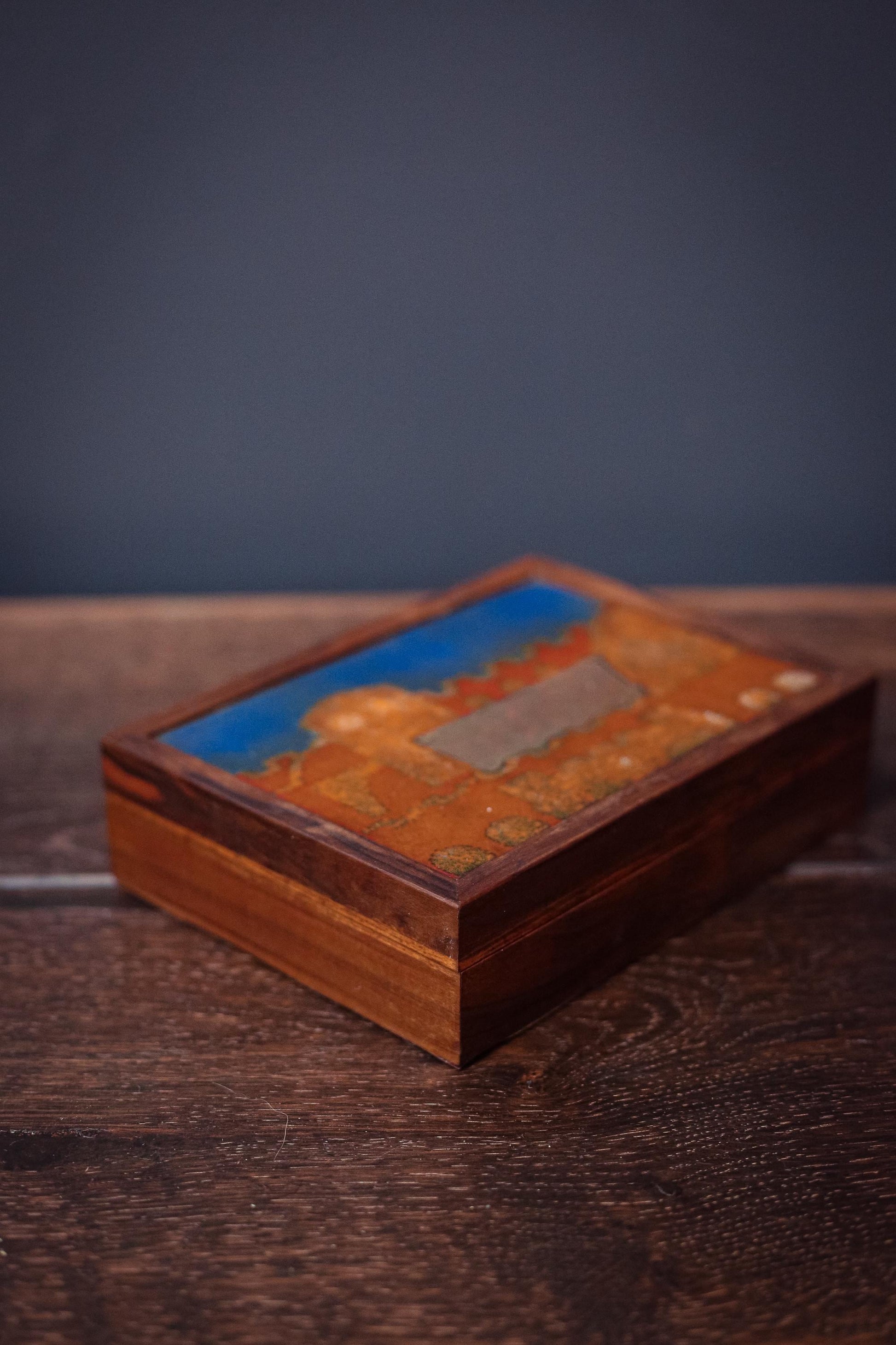 Blue and Gold Art Glass Tile Trinket Box - Vintage Velvet Lined Wood and Art Glass Trinket Box
