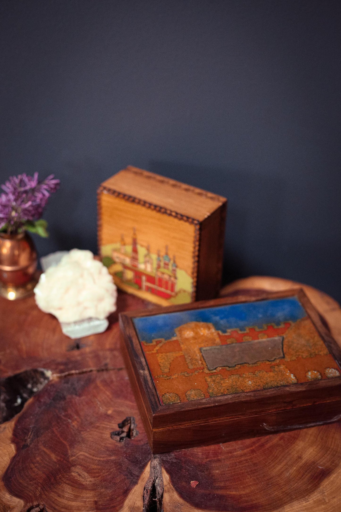 Blue and Gold Art Glass Tile Trinket Box - Vintage Velvet Lined Wood and Art Glass Trinket Box