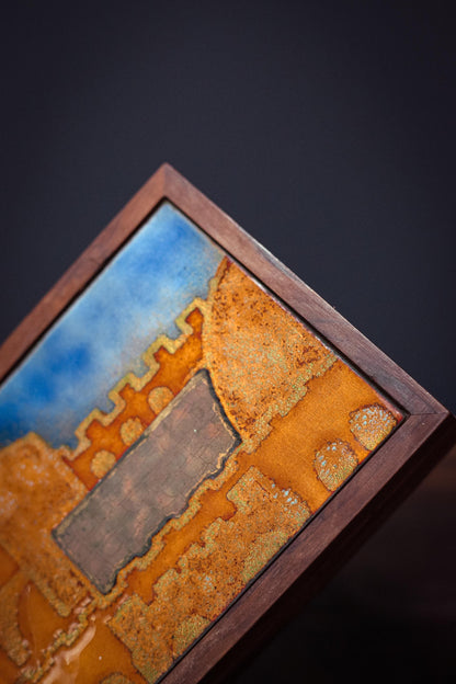 Blue and Gold Art Glass Tile Trinket Box - Vintage Velvet Lined Wood and Art Glass Trinket Box