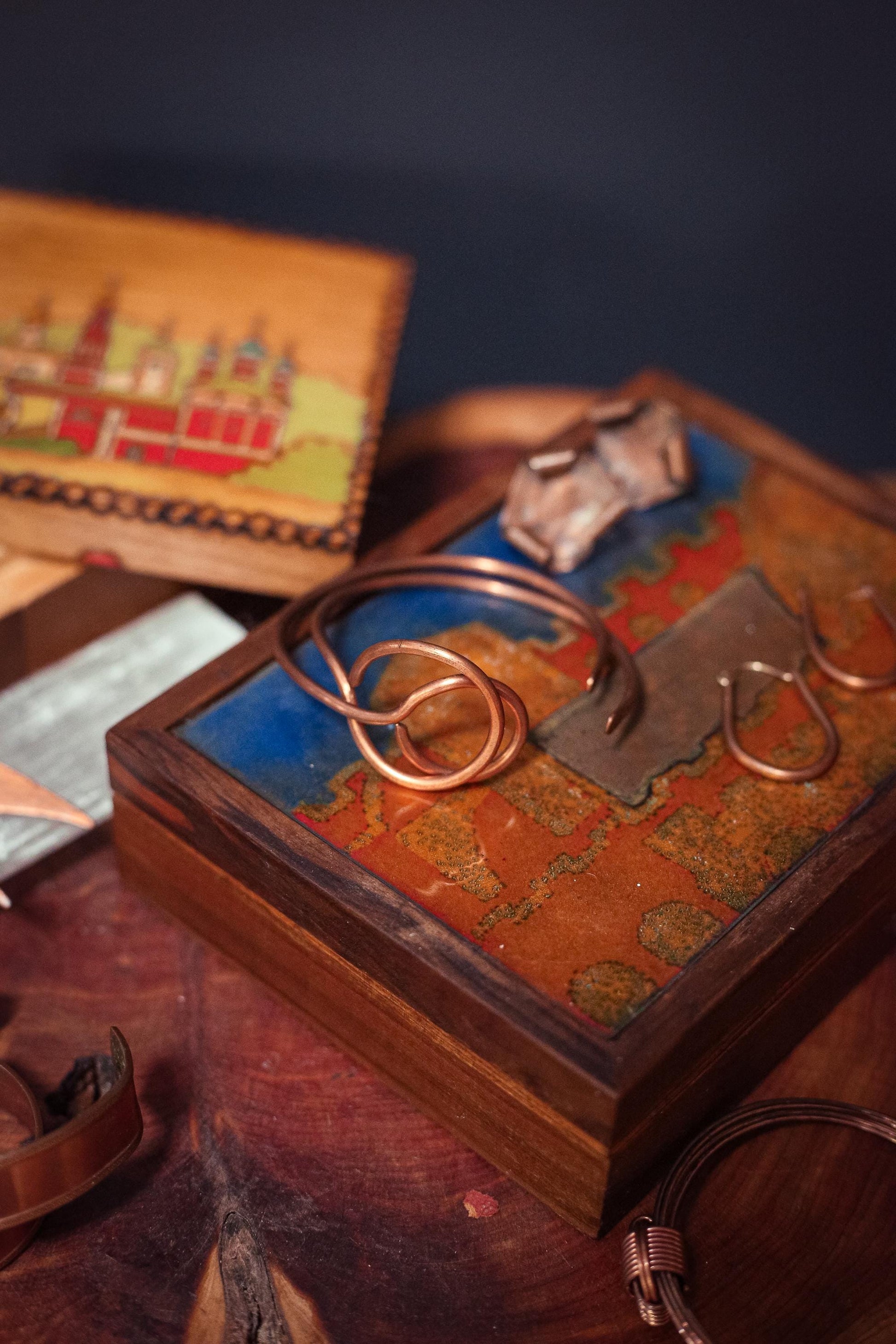 Blue and Gold Art Glass Tile Trinket Box - Vintage Velvet Lined Wood and Art Glass Trinket Box