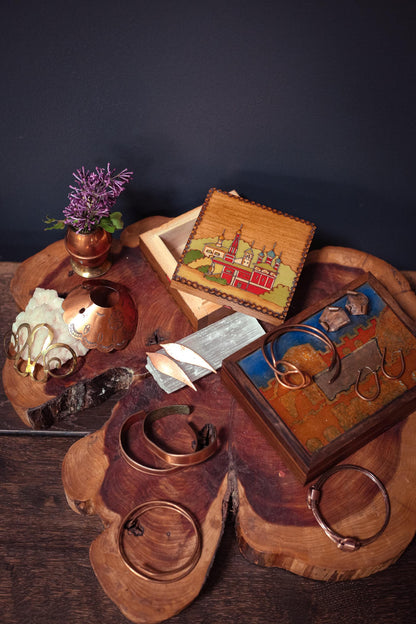 Blue and Gold Art Glass Tile Trinket Box - Vintage Velvet Lined Wood and Art Glass Trinket Box