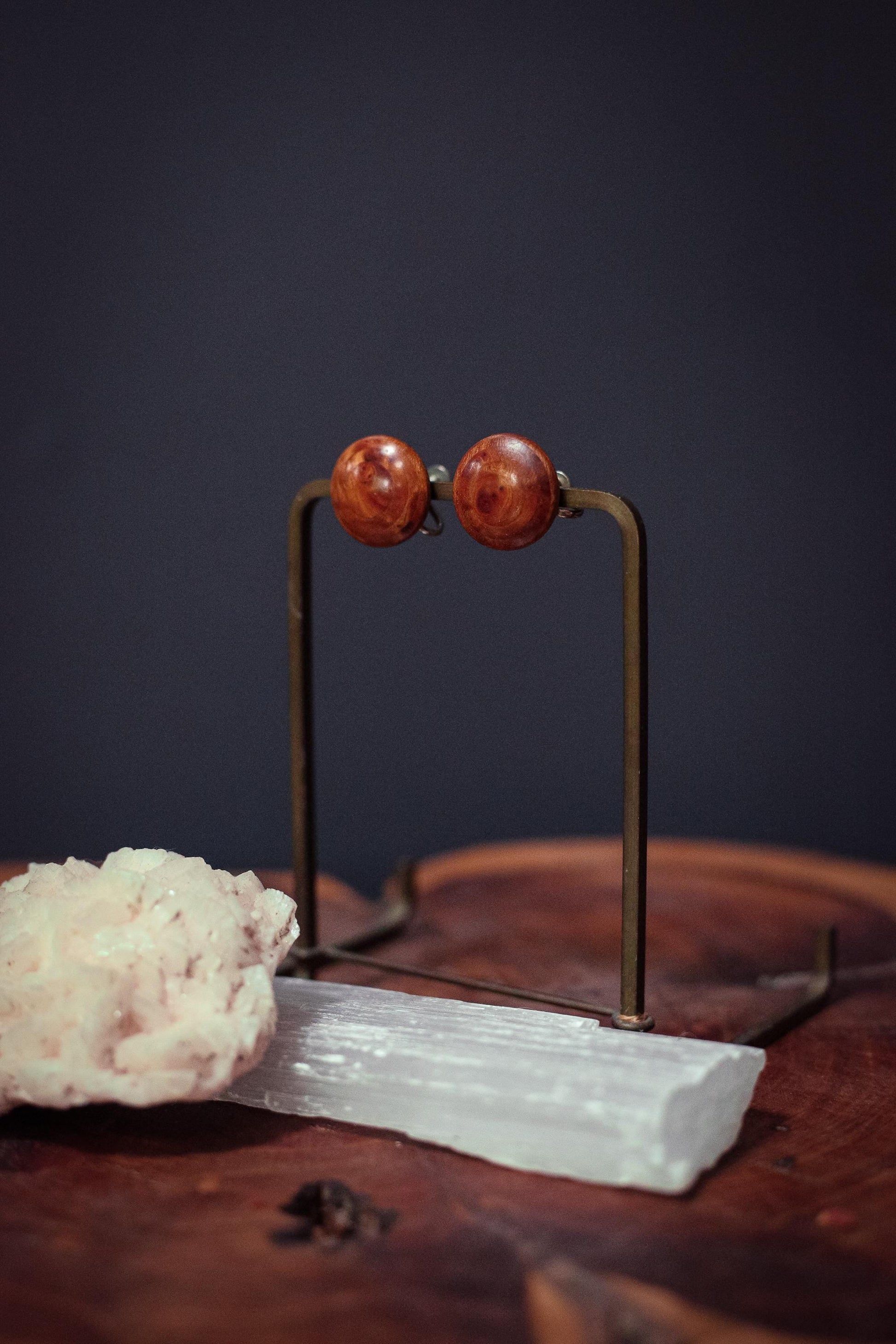 Wood Button Screw Post Back Earrings - Vintage Estate Jewelry