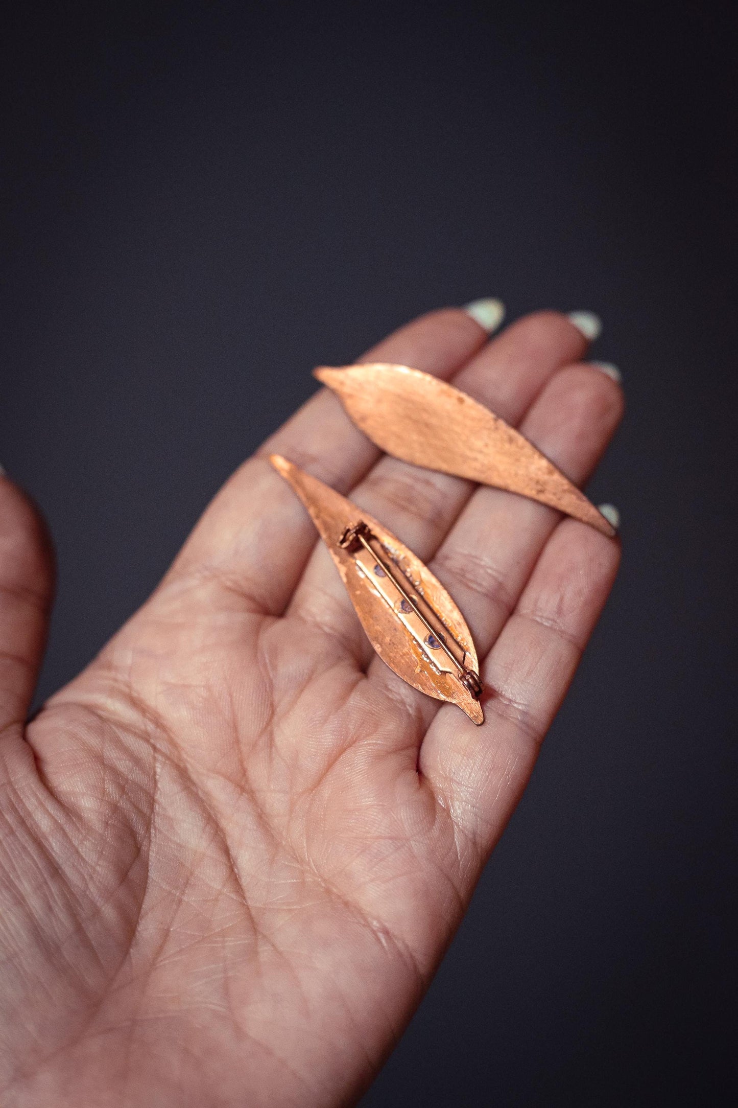 Pair of Copper Leaf/Feather Shaped Pins - Vintage Estate Jewelry