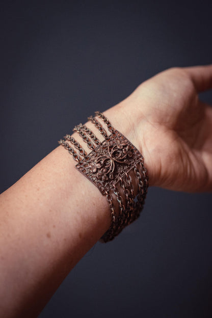 Copper Bracelet with Floral Panels and Chain - Vintage Copper Estate Jewelry