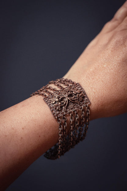 Copper Bracelet with Floral Panels and Chain - Vintage Copper Estate Jewelry