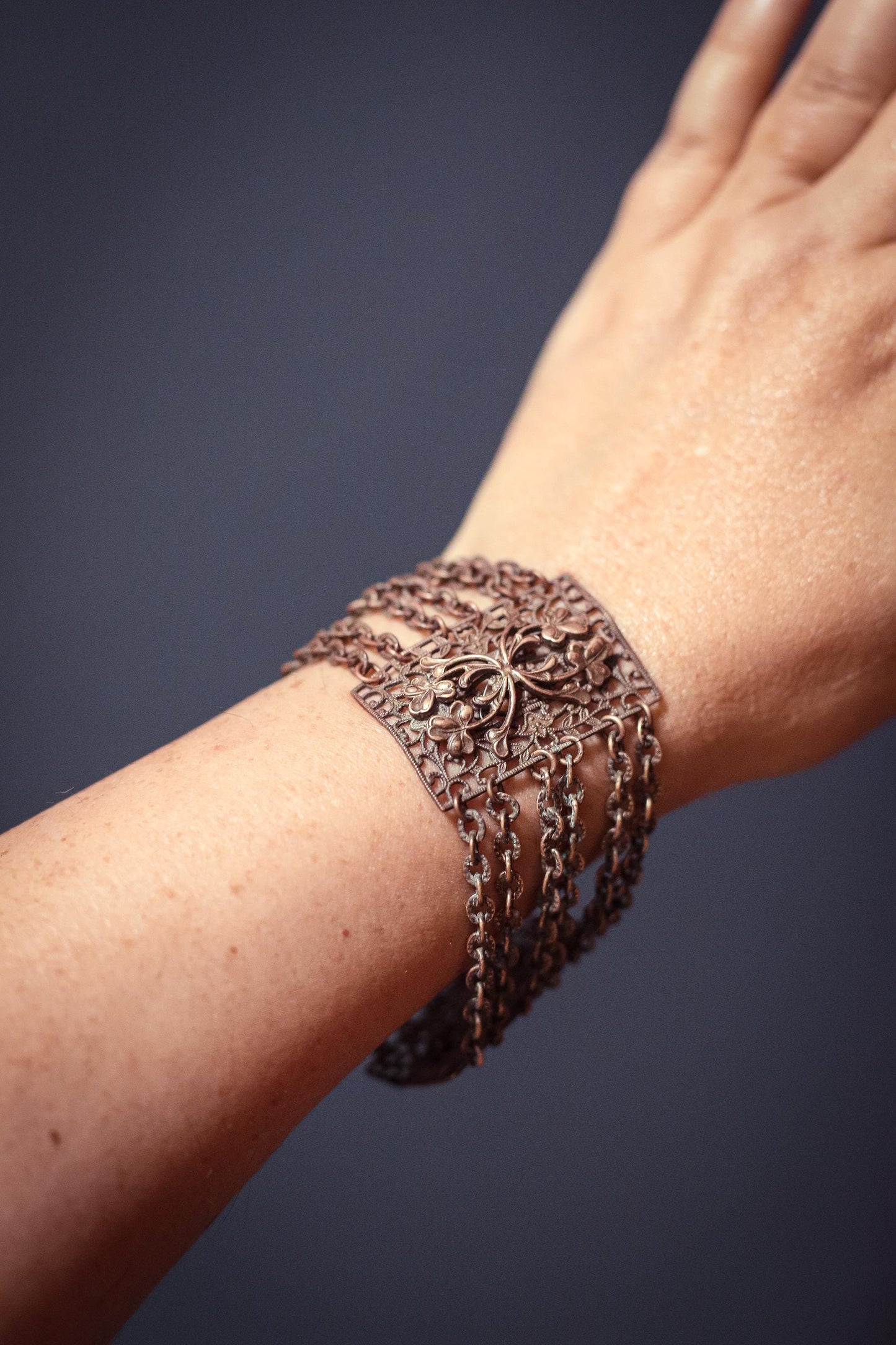 Copper Bracelet with Floral Panels and Chain - Vintage Copper Estate Jewelry