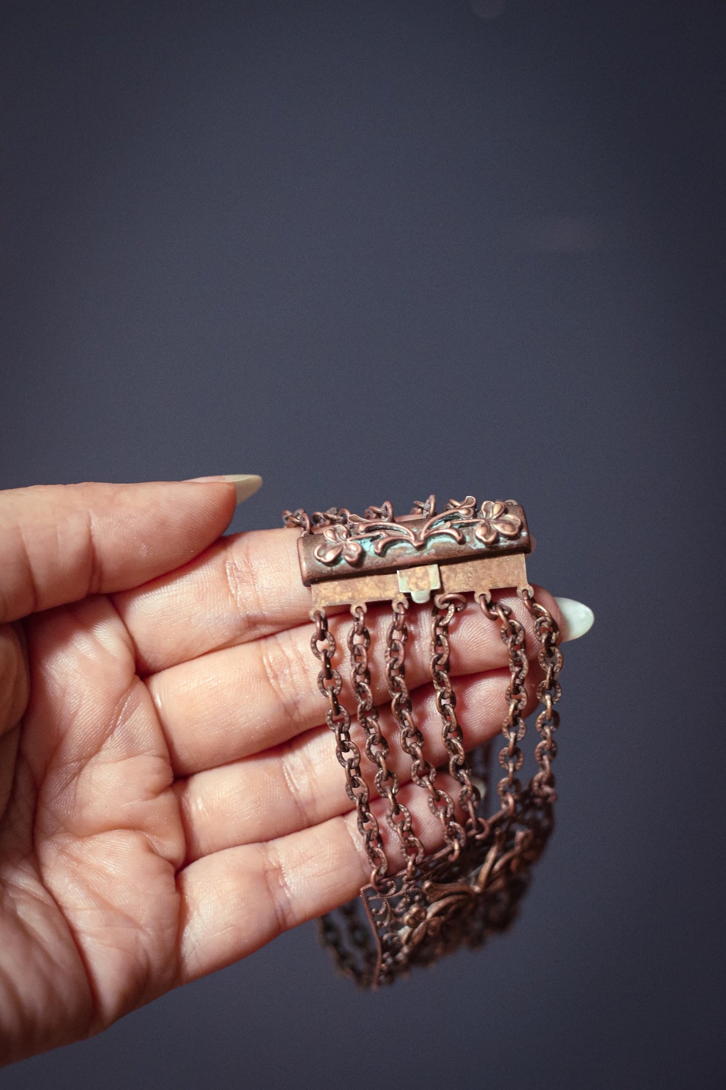 Copper Bracelet with Floral Panels and Chain - Vintage Copper Estate Jewelry