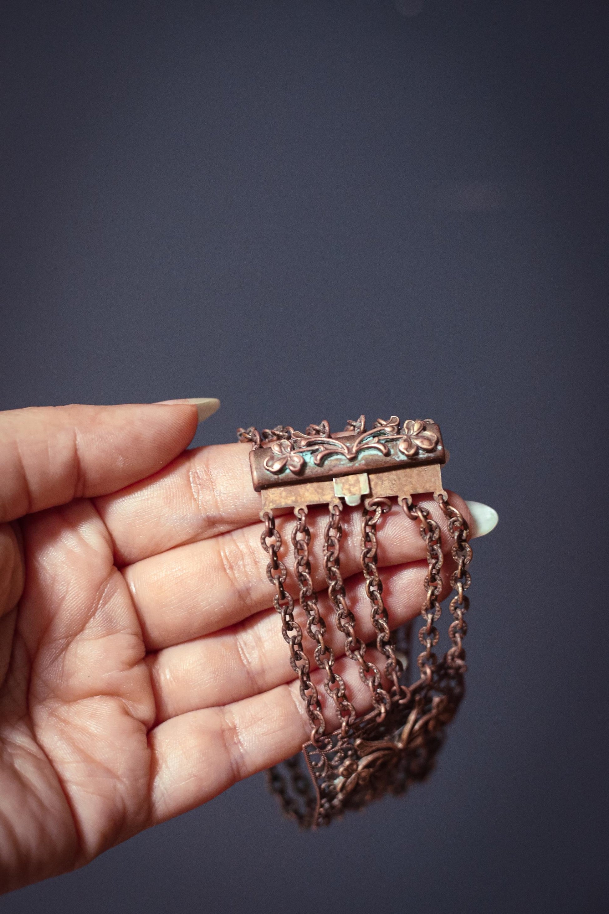Copper Bracelet with Floral Panels and Chain - Vintage Copper Estate Jewelry
