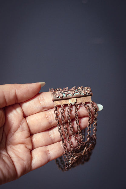 Copper Bracelet with Floral Panels and Chain - Vintage Copper Estate Jewelry