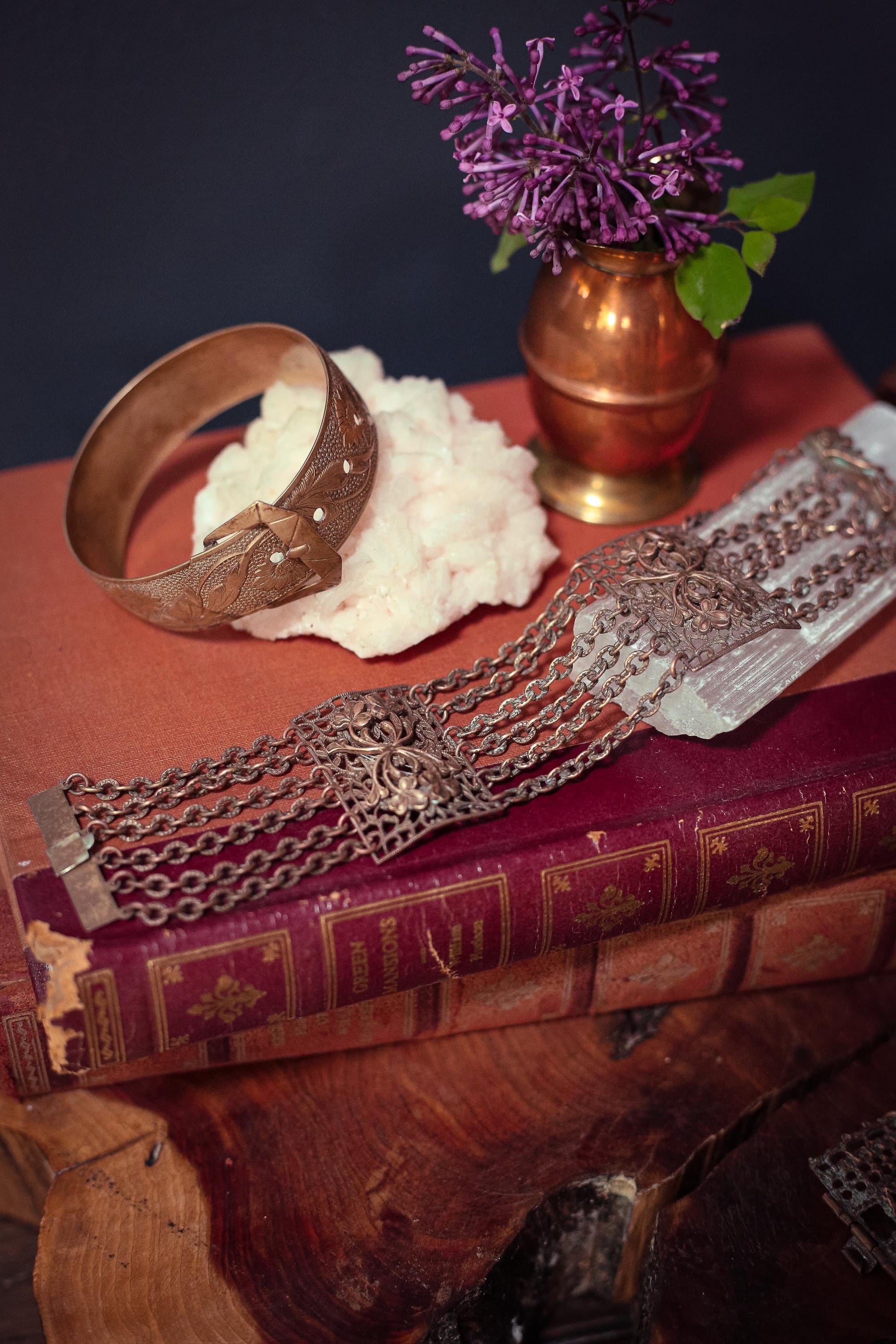Copper Bracelet with Floral Panels and Chain - Vintage Copper Estate Jewelry