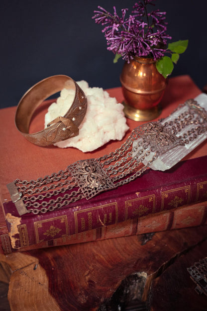 Copper Bracelet with Floral Panels and Chain - Vintage Copper Estate Jewelry