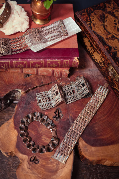 Copper Bracelet with Floral Panels and Chain - Vintage Copper Estate Jewelry