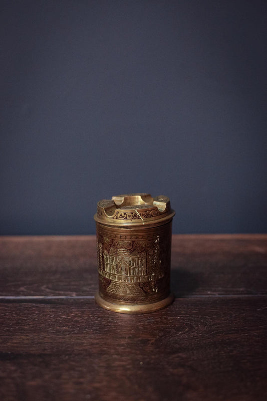Indian Brass Enamel Ash Tray Canister - Vintage Brass Ash Tray