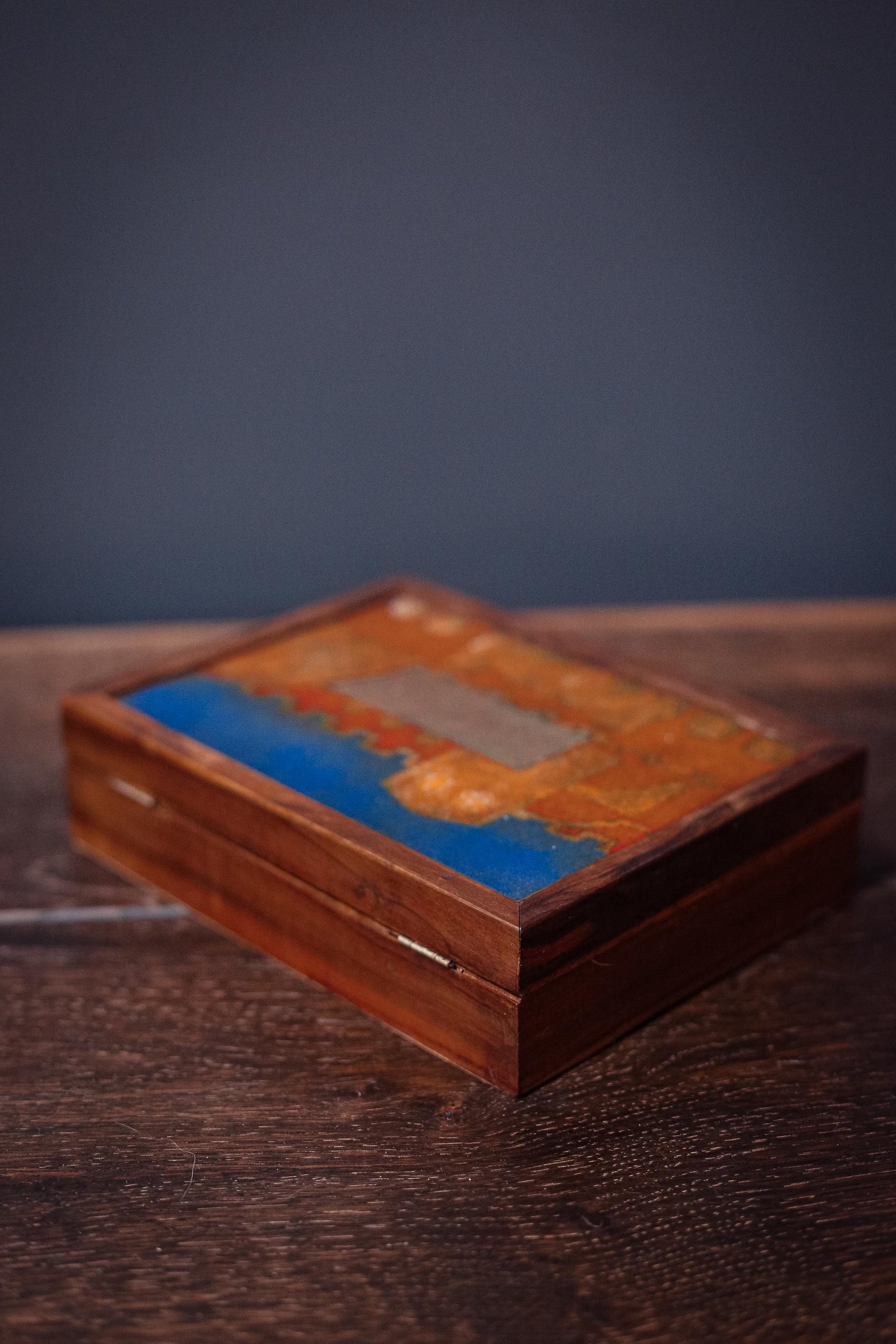 Blue and Gold Art Glass Tile Trinket Box - Vintage Velvet Lined Wood and Art Glass Trinket Box