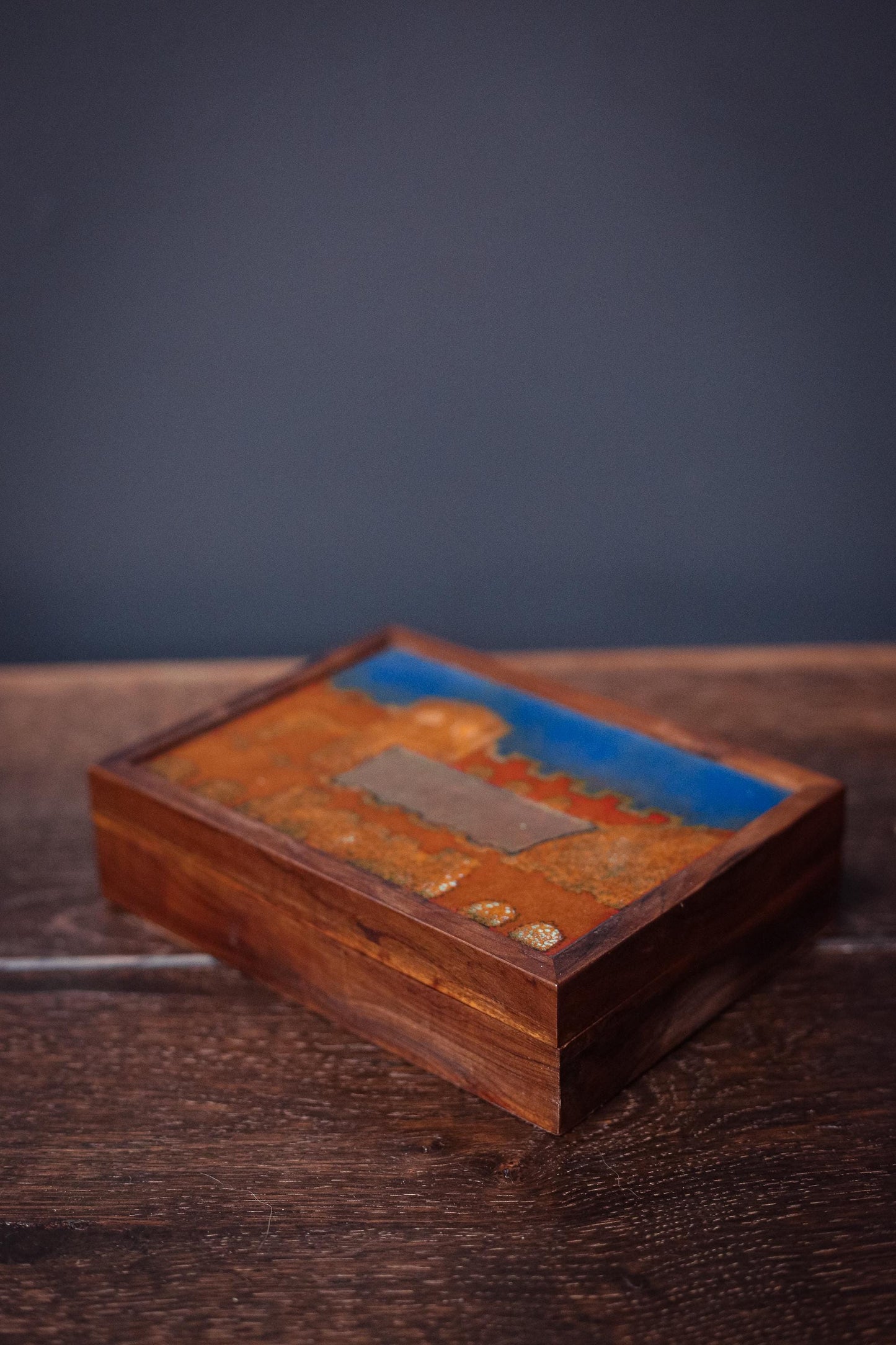 Blue and Gold Art Glass Tile Trinket Box - Vintage Velvet Lined Wood and Art Glass Trinket Box