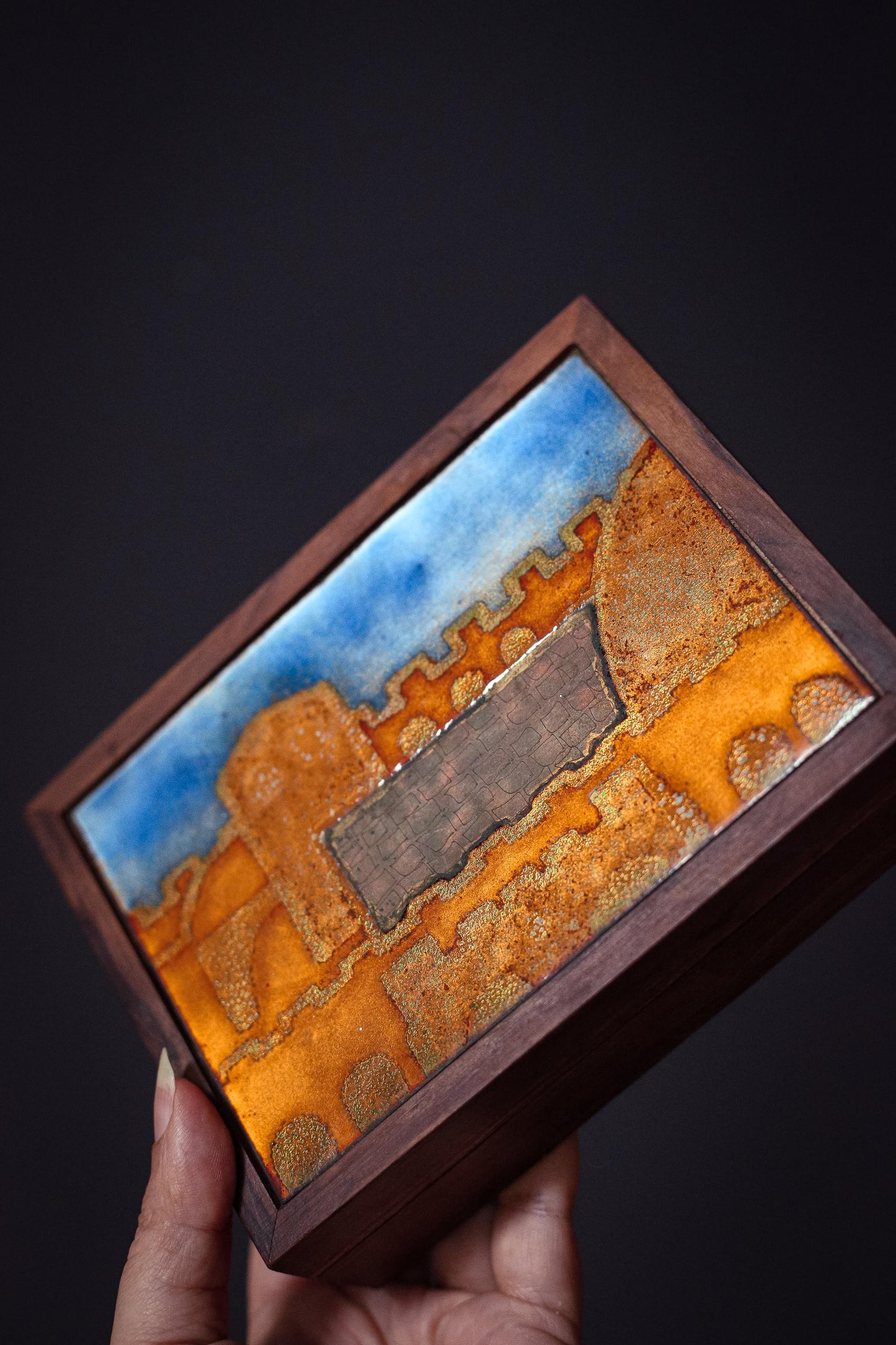 Blue and Gold Art Glass Tile Trinket Box - Vintage Velvet Lined Wood and Art Glass Trinket Box