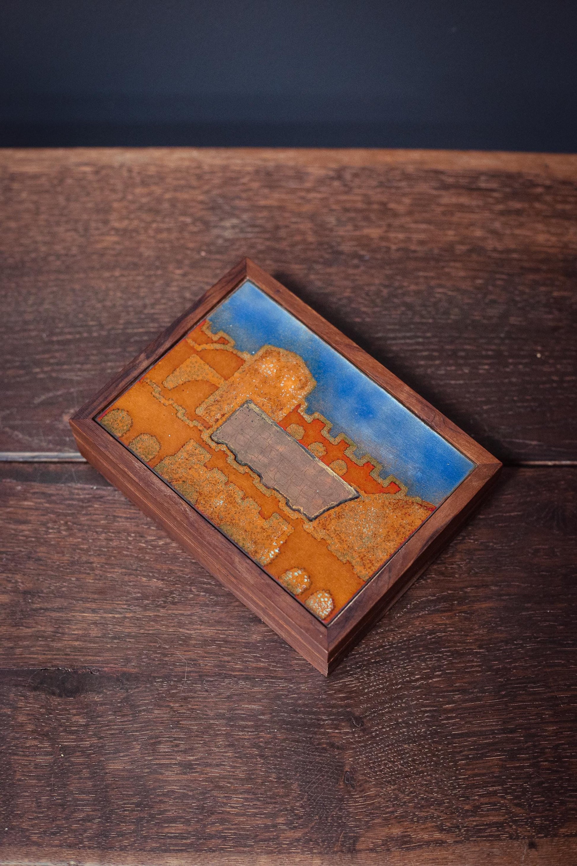 Blue and Gold Art Glass Tile Trinket Box - Vintage Velvet Lined Wood and Art Glass Trinket Box