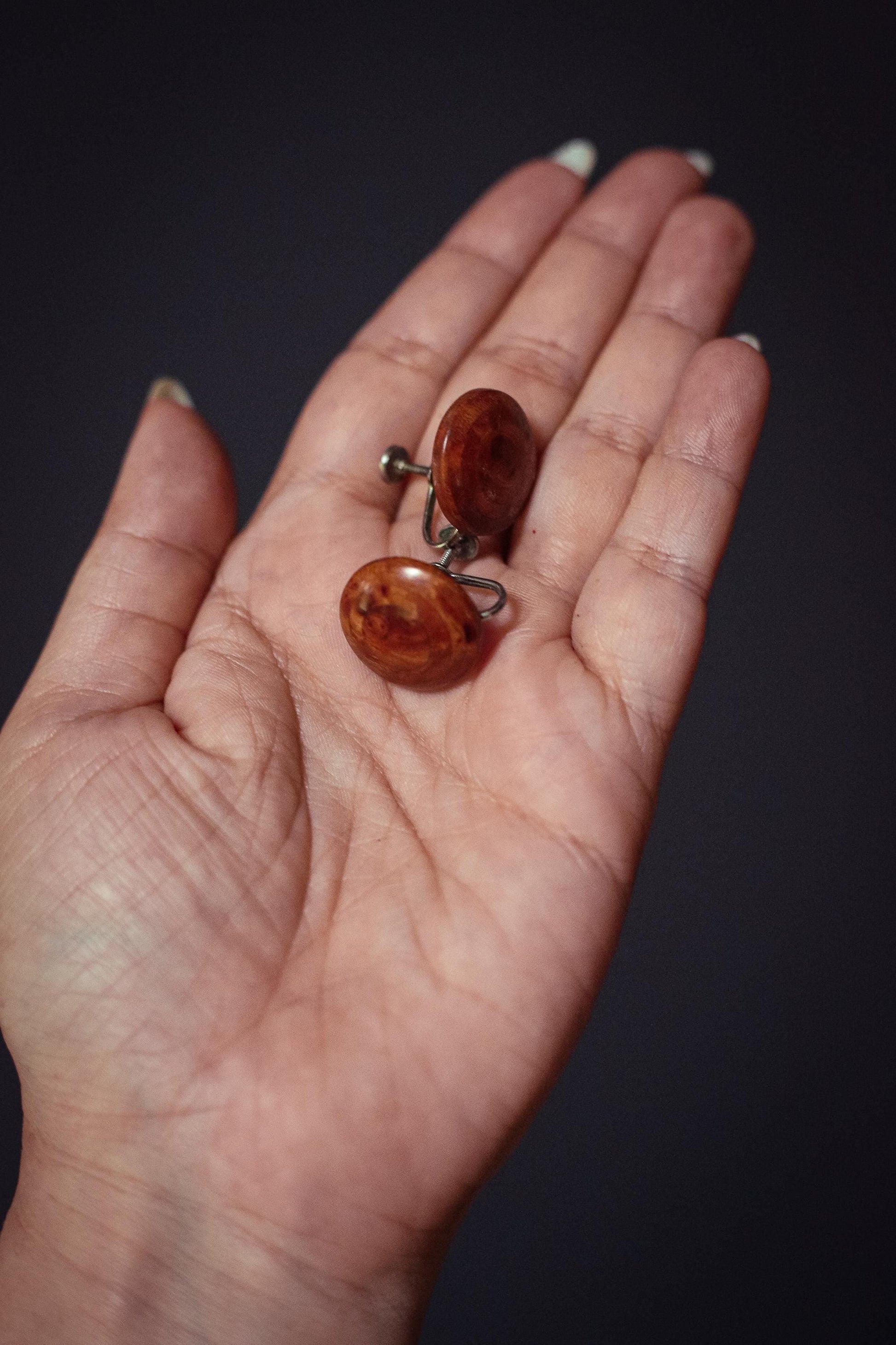 Wood Button Screw Post Back Earrings - Vintage Estate Jewelry