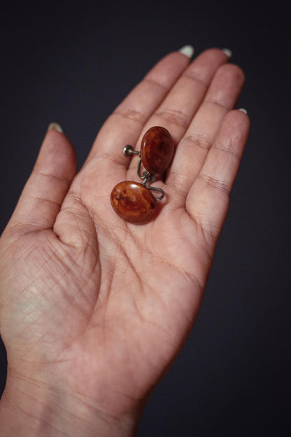 Wood Button Screw Post Back Earrings - Vintage Estate Jewelry
