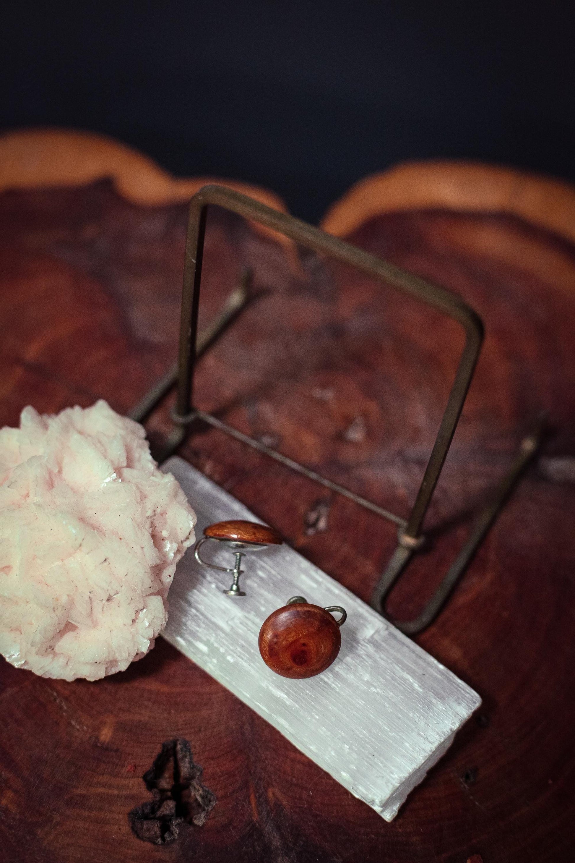Wood Button Screw Post Back Earrings - Vintage Estate Jewelry