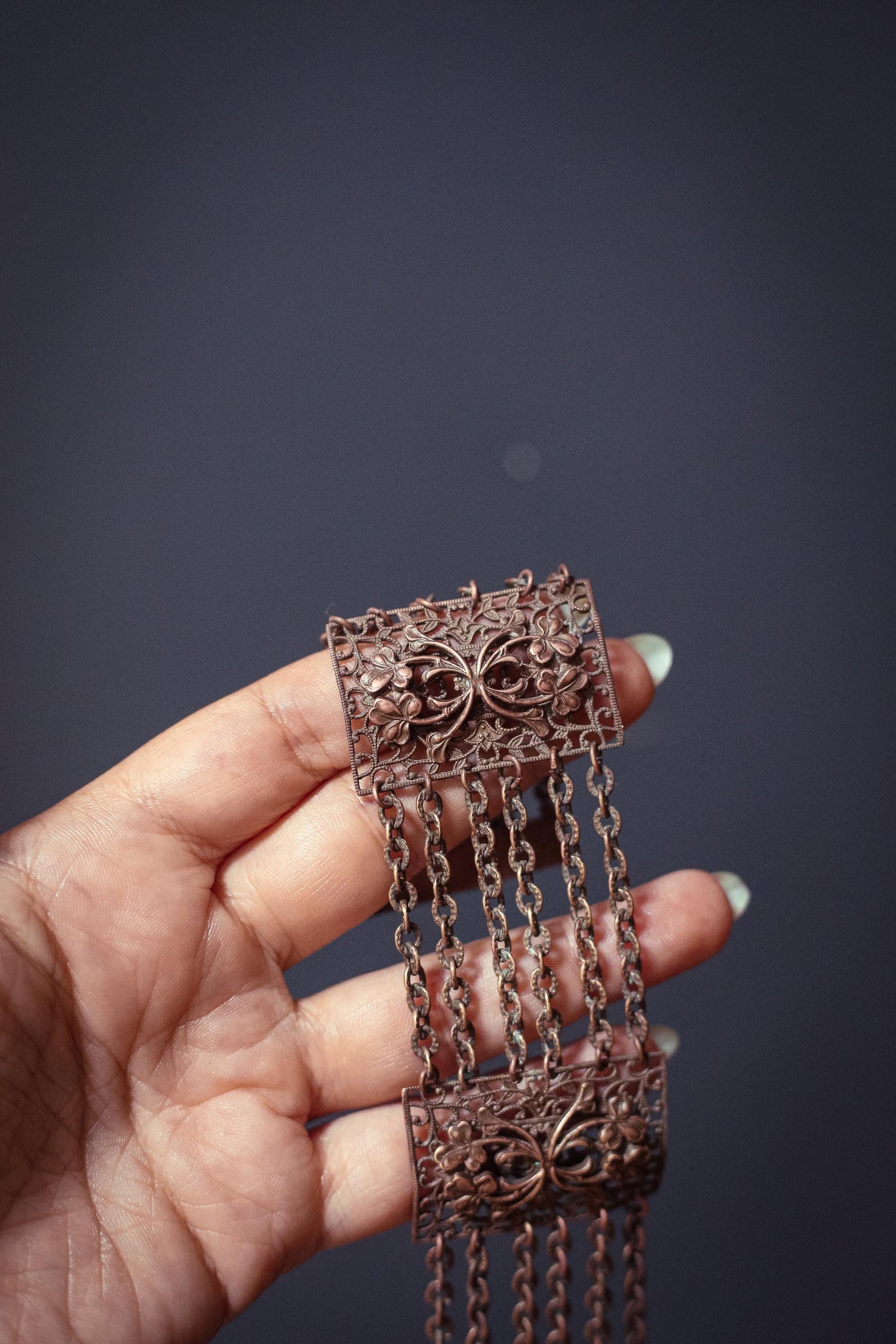 Copper Bracelet with Floral Panels and Chain - Vintage Copper Estate Jewelry