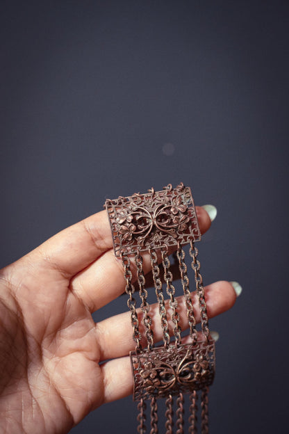 Copper Bracelet with Floral Panels and Chain - Vintage Copper Estate Jewelry