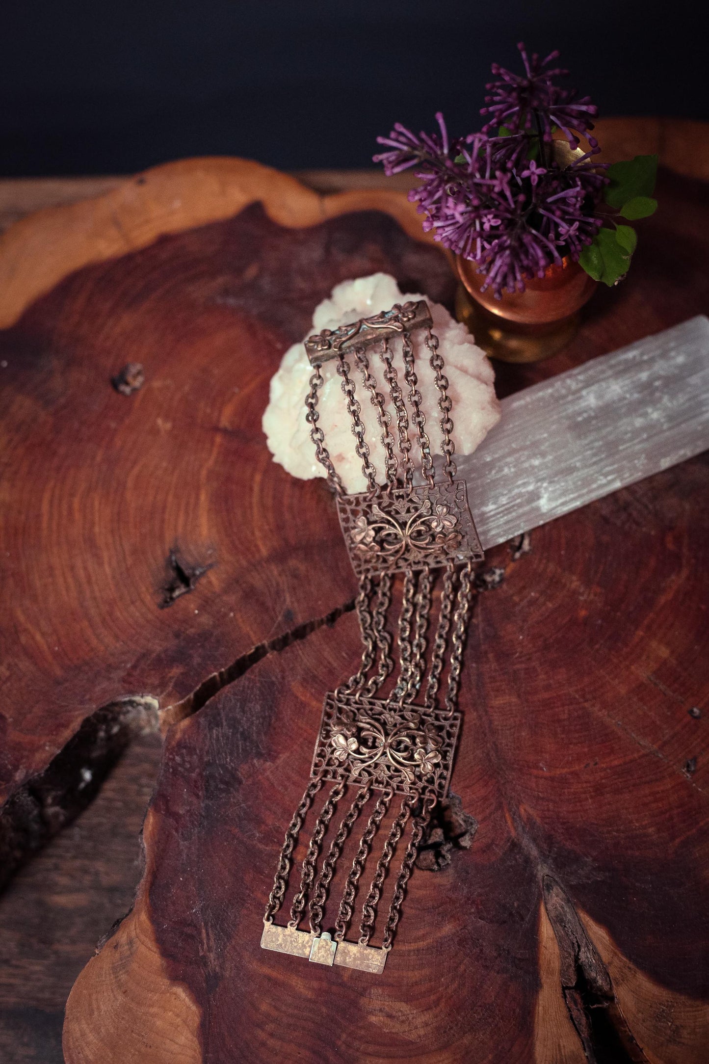Copper Bracelet with Floral Panels and Chain - Vintage Copper Estate Jewelry