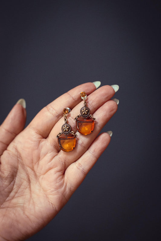 Amber Glass Half Moon Crystal and Ornate Stamped Brass Earring - Vintage Estate Jewelry